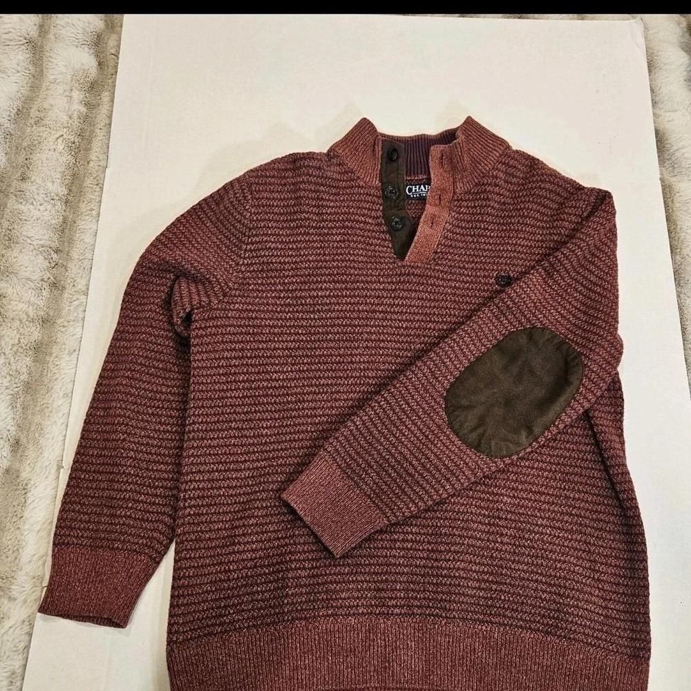 VTG Chaps Preppy 3 Button Mock Neck Sweater Burgundy W/ Elbow Patches Mens M